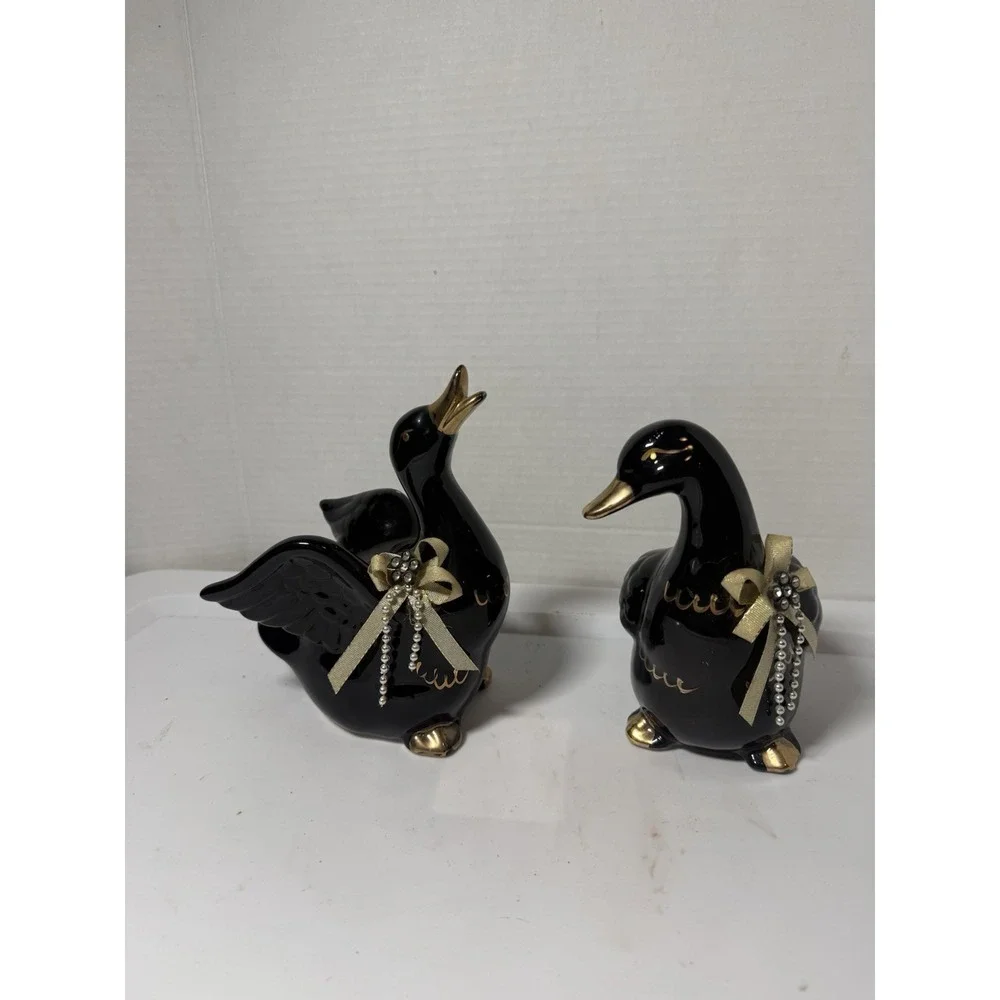 VTG Black Gold Ceramic Ducks Set Animal Figurines Made In Taiwan 6